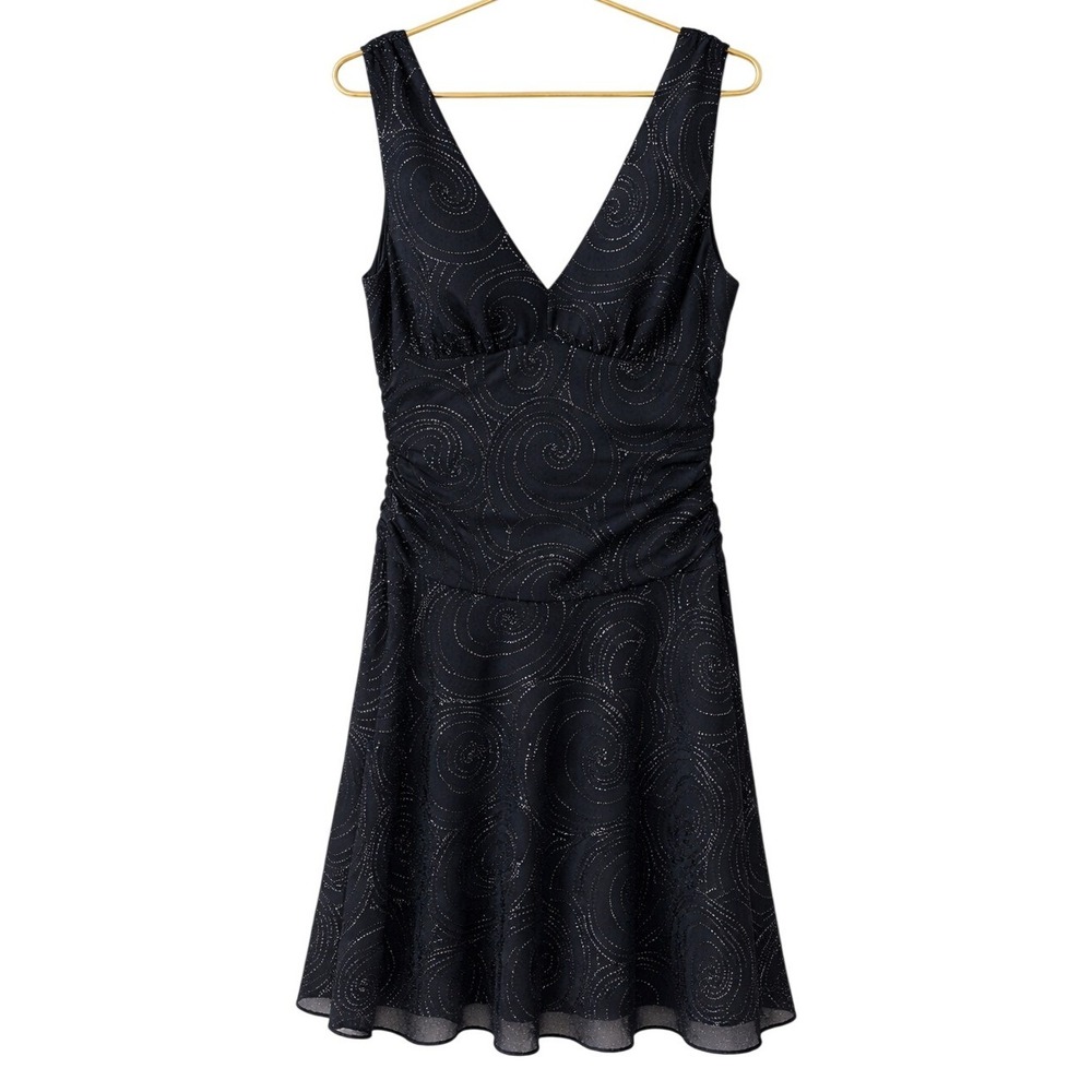 Y2K Black‎ Swirl Dress 10 Ruched Waist Vtg Glam Whimsigoth Prom Dark Whimsical